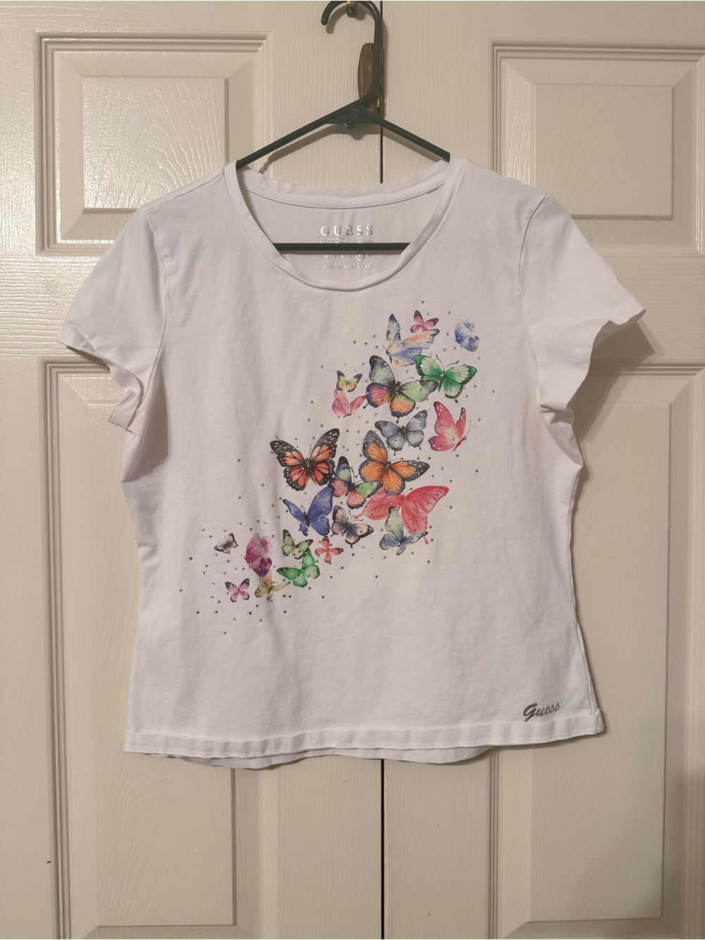 GUESS White Tee with Multicolor Butterfly Cluster